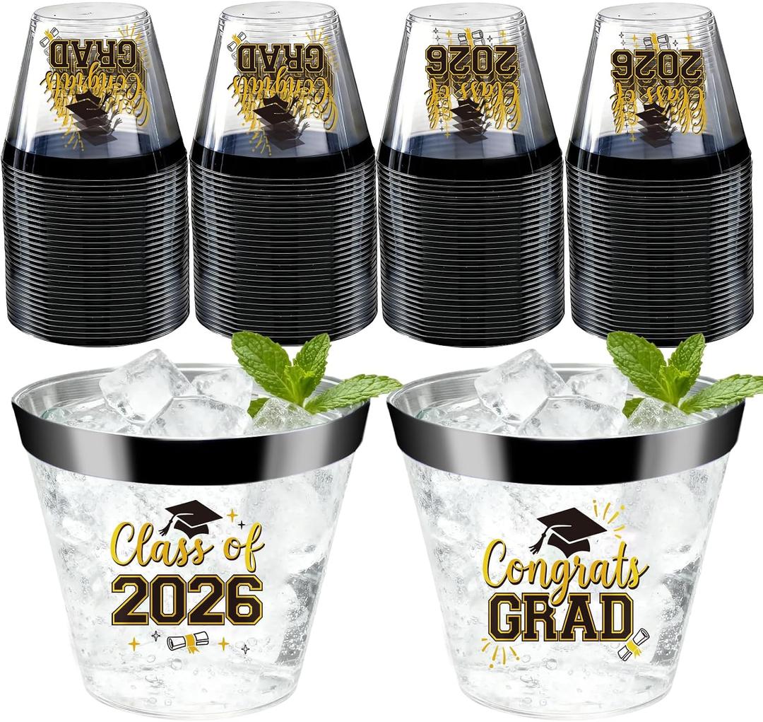 Graduation Cups 2026 Plastic Cups Disposable 9 Oz, 50 PCS Class of 2026 Decoration Cups Black and Gold Congrats Grad Party Cups, Elegant Drinkware for Grad Festivities Graduation Party Favors