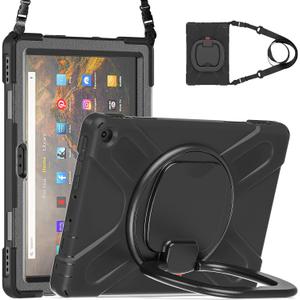 All-New Fire HD 10 & Fire HD 10 Plus Tablet case for Kids(2021 Release,11th Generation),Heavy Sturdy Shockproof Kids Case,Rotating Stand/Carrying Strap, Black+Black