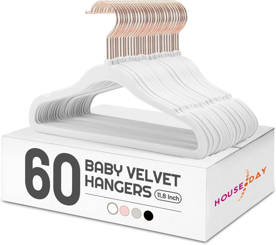 HOUSE DAY Velvet Baby Hangers for Closet, Kids Hangers Velvet 60 Pack, Non Slip Toddler Hanger 11.8 Inch, Durable Childrens Hanger for Newborn Baby Clothes- White