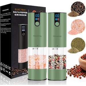 Electric Salt and Pepper Grinder Set Rechargeable with LED Display, Adjustable Coarseness, 120ml Container Automatic Pepper and Salt Grinder for Kitchen, Restaurant (Rubber Surface - Green)