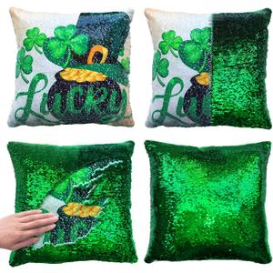 2 x St. Patrick's Day Glitter Sequin Pillow Cover 16x16 Inch - Reversible Sparkle Sequined Cushion Case for Irish Holiday Home Party Decor (Lucky)
