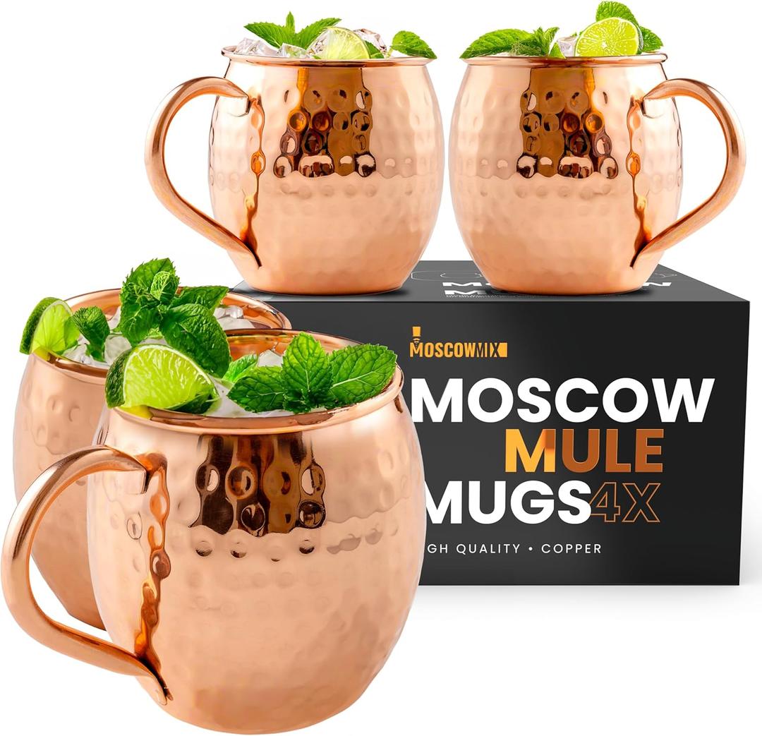 Moscow-Mix Moscow Mule Mugs - Set of 4-100% Pure Copper Mugs Large 16 oz - Food Safe - Premium Moscow Mule Cups Set of 4 - Solid Copper Cups Perfect Premium Gift