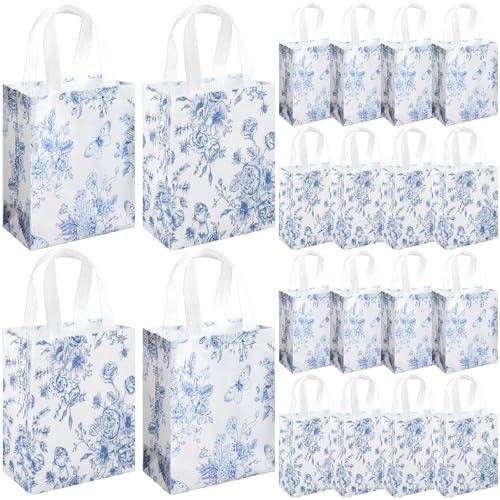 Wovnet 30 Pcs Blue Floral Gift Bags Bulk Reusable Non Woven Vintage Floral Tote Treat Goodie Candy Bags with Handles Spring Flowers Party Favors Pouch for Holiday Wedding Party Decor 10 x 8 x 4 Inch