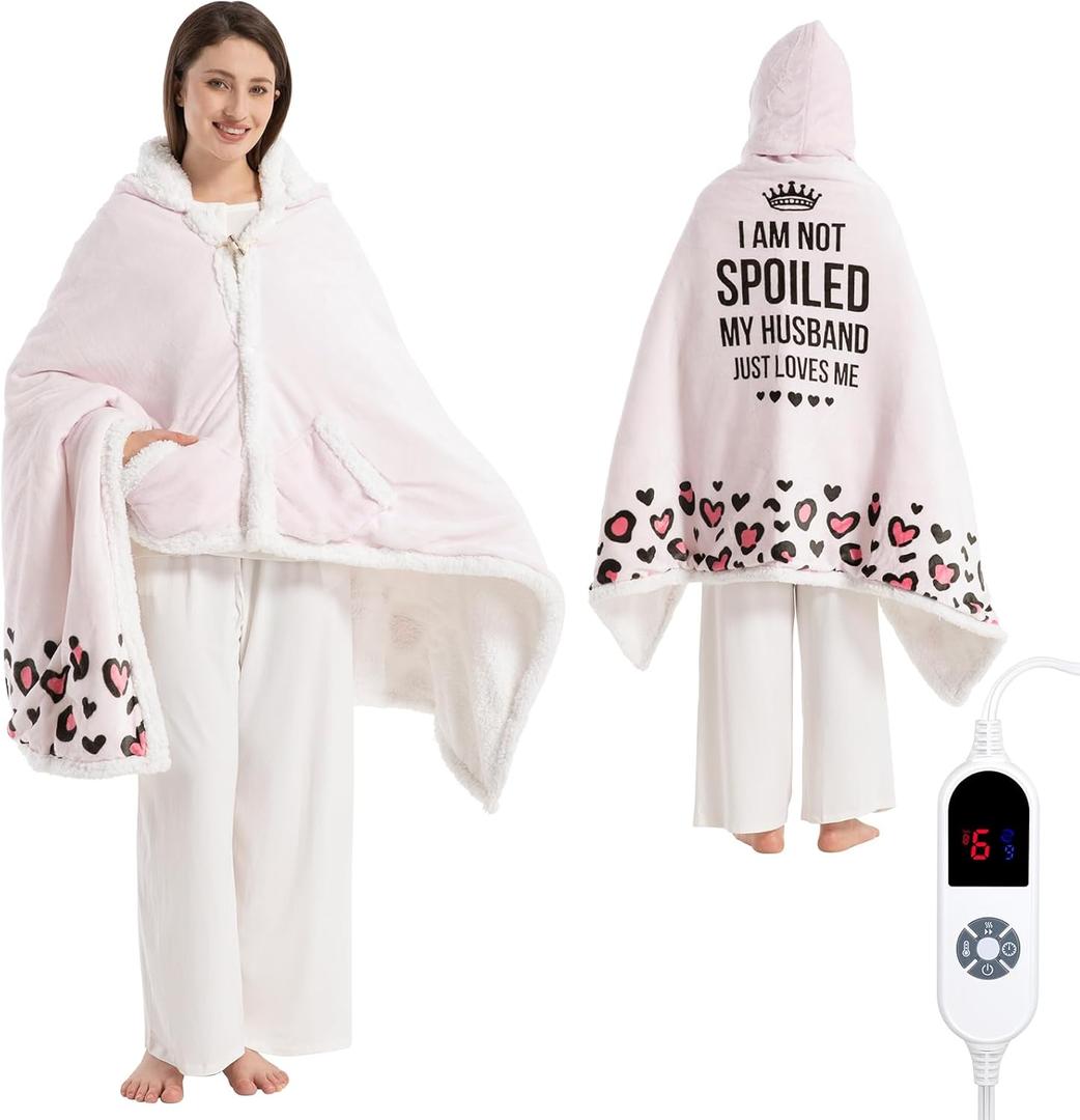 Wearable Heated Blanket Hoodie for Women, Valentines Day Gifts for Her Wife Women, Electric Throw Blanket, Heated Shawl Wraps Poncho, Mothers Day Birthday Anniversary Day Gift, Spoiled Wife Light Pink