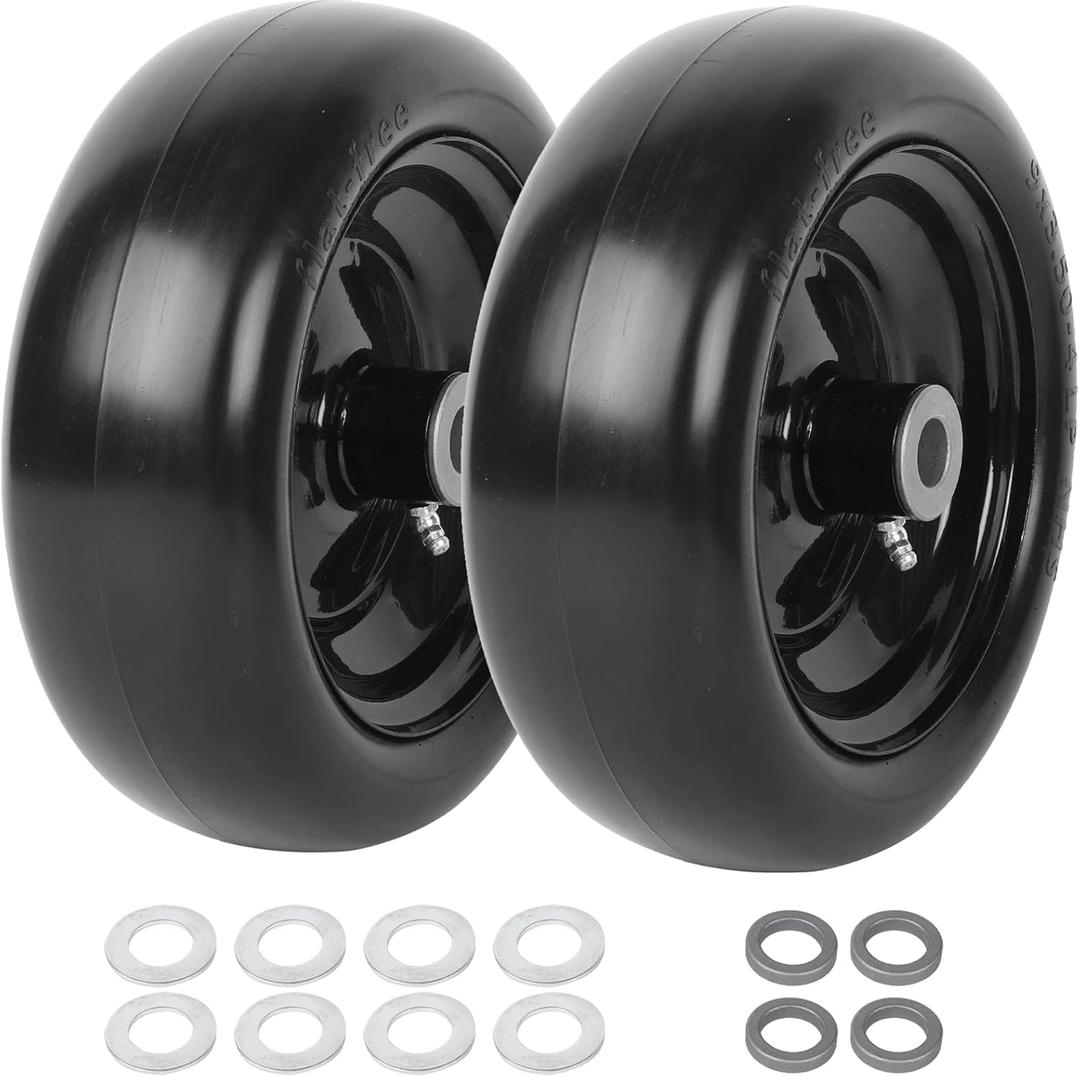 (2-Pack) 9x3.50-4 Flat Free Lawnmower Tire and Wheel Assemblies - PU Tire on Wheel and Adapter Kits with 3.5" Centered Hub, 3/4" Bushings (Black(Smooth Tread))