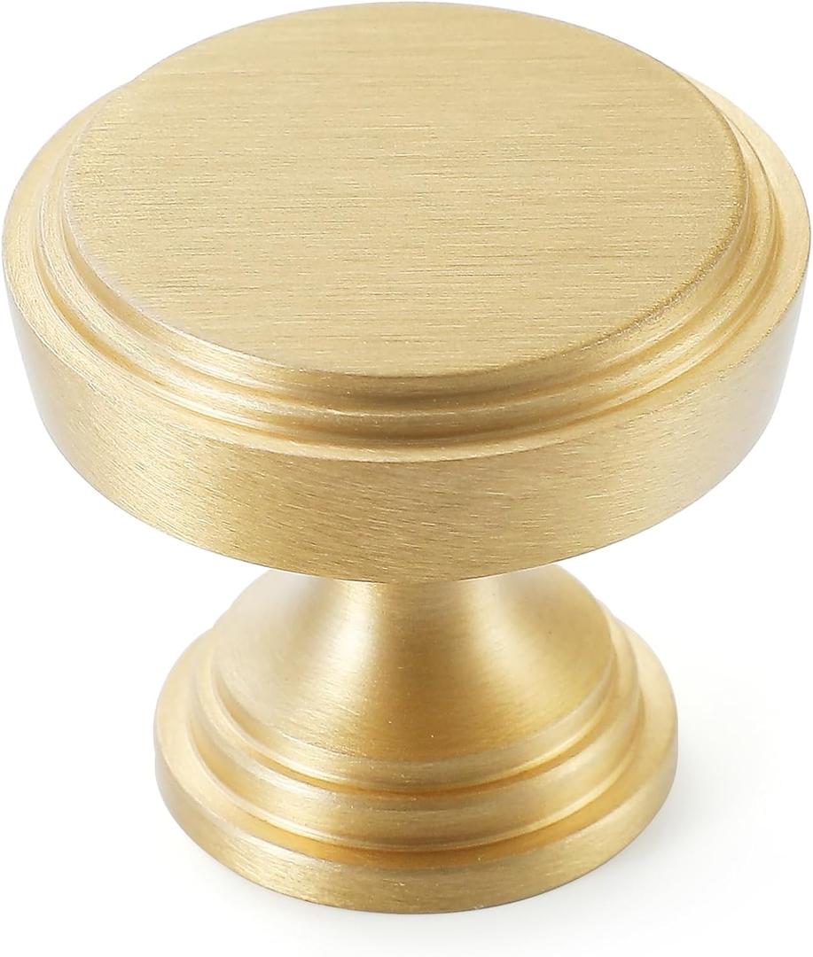 5-Pack Solid Brass Kitchen Cabinet Knobs, Modern Gold Drawer Knobs for Dresser, Round Step Cabinet Knobs Pulls, Brushed Finish, Diameter 1-11/64 Inches