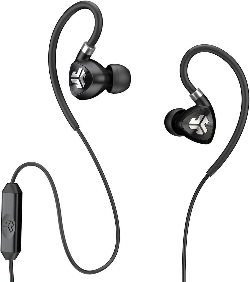 JLab Audio Fit2 Sport Wired Earbuds | Sport Fit with Customizable Memory Wire Earhook | IPX5 Waterproof & Sweatproof | C3 Sound with Titanium Drivers | Black