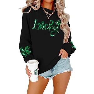 FAYALEQ Women St Patrick's Day Sweatshirt Sequin Shamrock Pullover Irish Sweatshirt Crewneck Long Sleeve Top (Black, M)