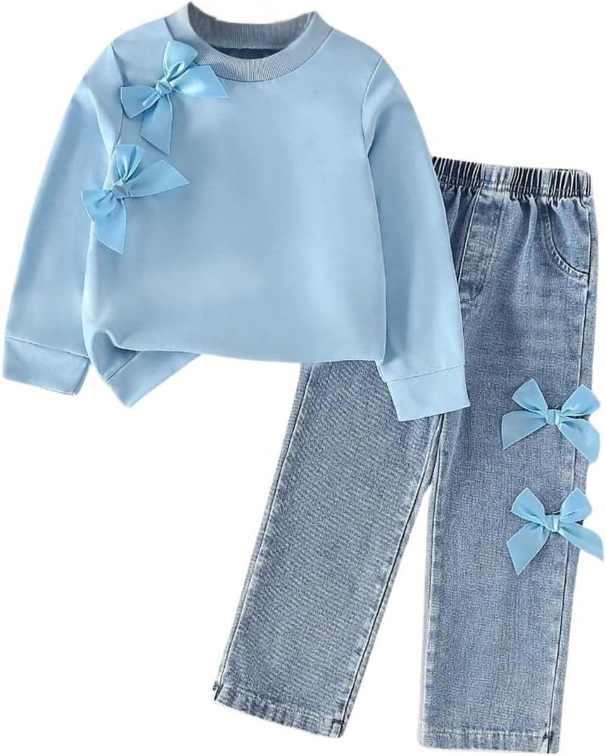 Kids Toddler Girl Long Sleeve Bow Sweatshirt & Denim Straight Leg Jeans Pants Fall Winter Outfits Set (4-5T, Blue)