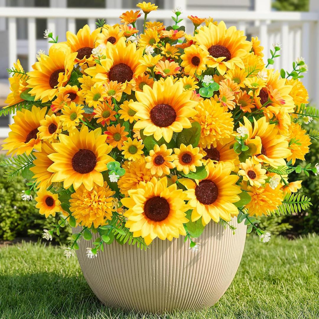 8 Bundles Artificial Flowers for Outdoors,UV Resistant Faux Sunflowers and Daisies Flowers for Outdoor Planters Front Porch Garden Patio Spring Summer Decoration