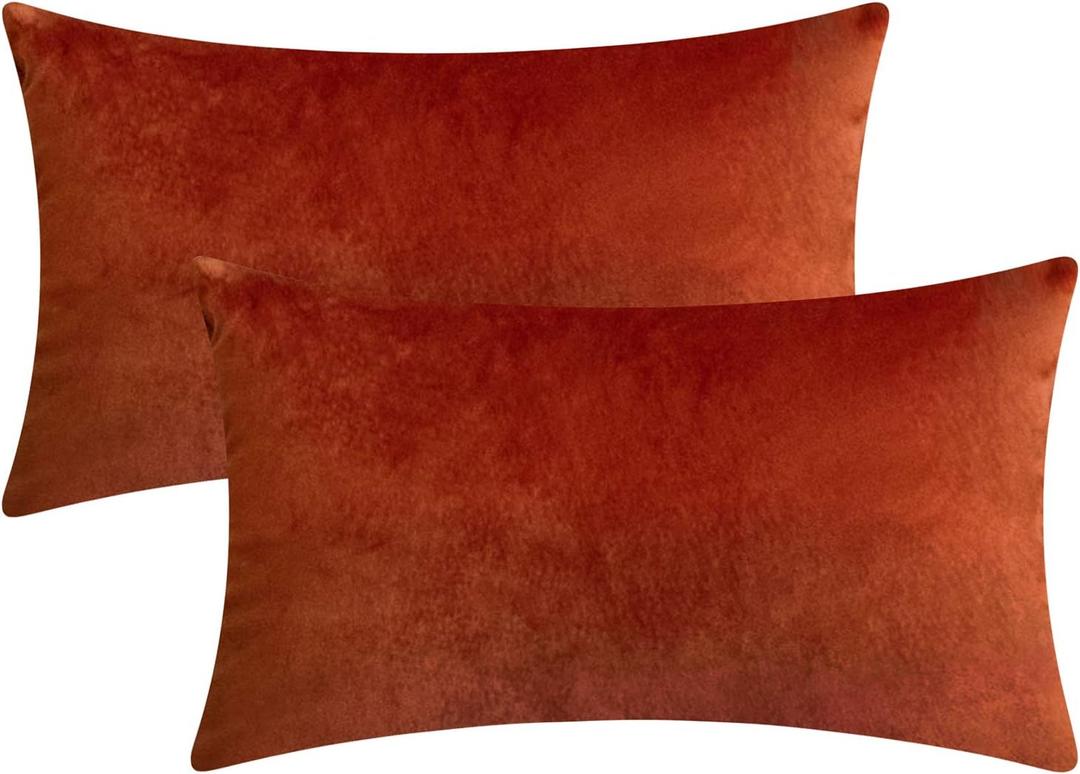 Set of 2 Comfortable Rectangular Velvet Throw Pillow Cases, Decorative Lumbar Cushion Covers for Sofa Couch and Bed - 12"x20", Rust