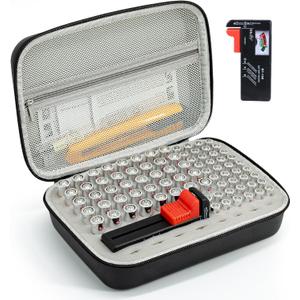 Battery Organizer Storage Case with Tester for AA AAA Button Battery Holder Carrying 3 Batteries Variety Pack 88 Batteries Zipper Mesh Bag (Batteries Not Included) (black)