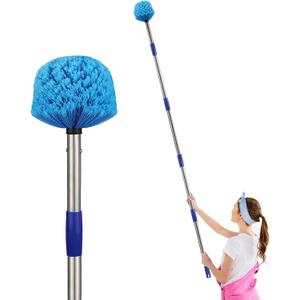Cobweb Duster with Extension Pole, 6FT Adjustable Stainless Steel Handle & 360 Flexible Duster Head, Lightweight Washable Web Brush for High Ceiling - Indoor Outdoor Use