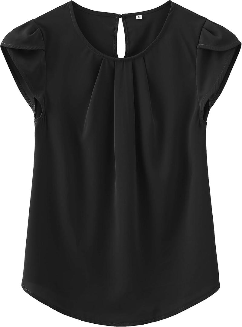 TASAMO Women's Casual Round Neck Basic Pleated Top Cap Sleeve Curved Keyhole Back Chiffon Blouse, Small