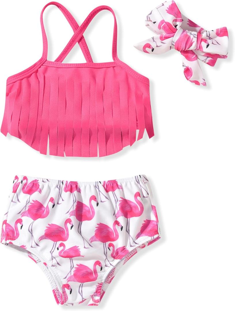 Toddler Infant Baby Girls Swimsuit Tassels Bikini Two Pieces Bathing Suit Summer Beach Outfits Set (2-3T, Multicolored Flamingo a)