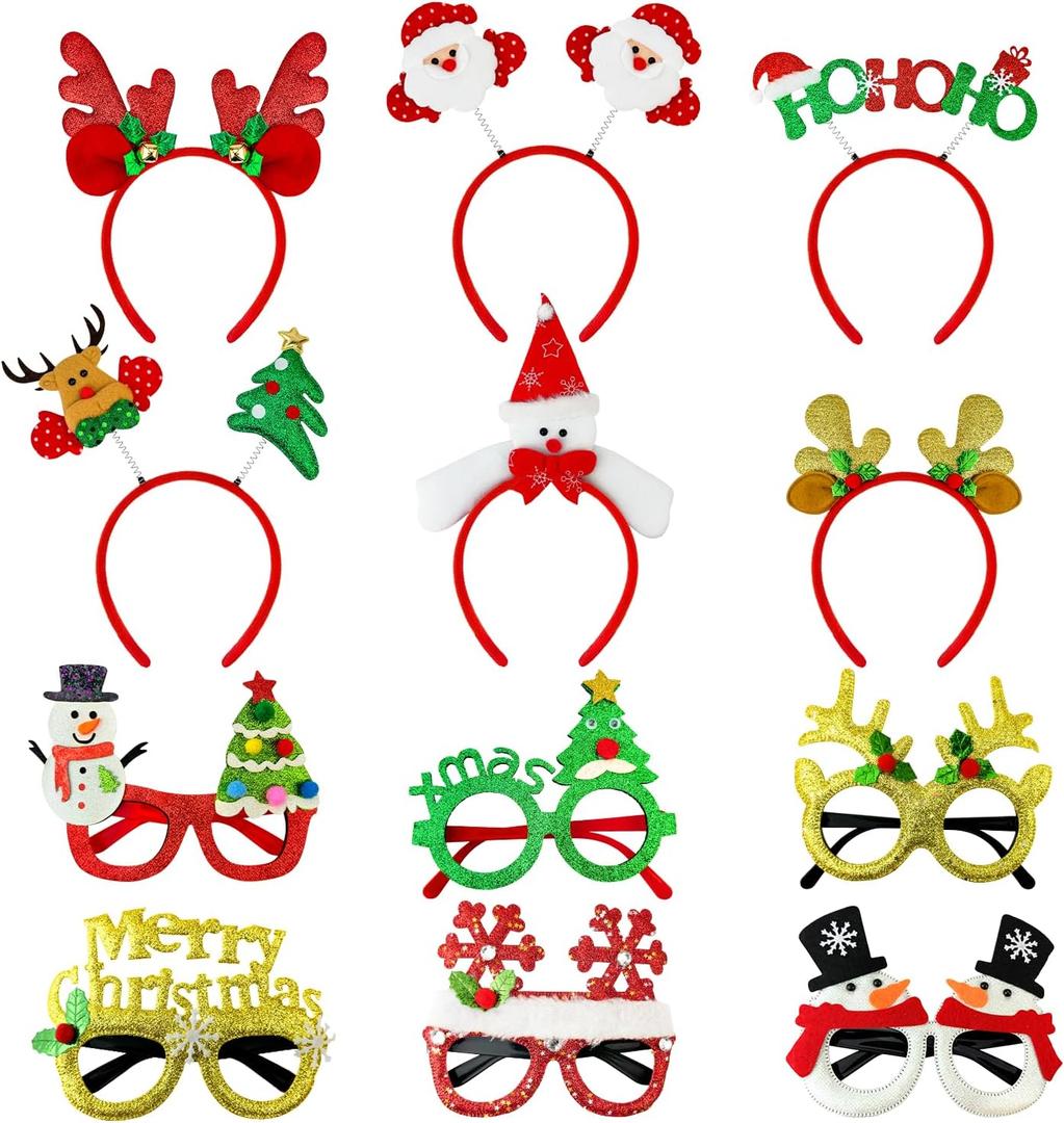 Christmas Glasses & Headband 12 Pack, Xmas Glitter Eyeglasses Frame & Headwear Accessories - One Size Fits All, Holiday Party Favor Supplies Classroom Game Prizes Gifts Photo Booth Props Outfit