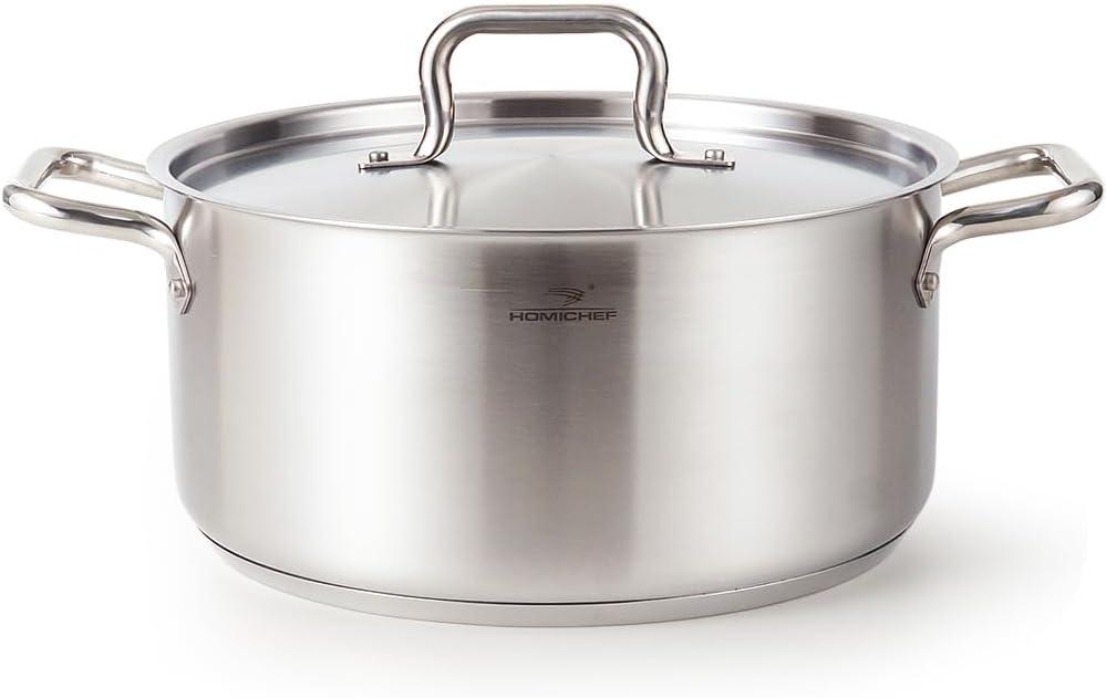 HOMICHEF Braiser Pan 8 Quart with Lid Nickel Free Stainless Steel - Matte Polished Braiser with Stainless Steel Lid - Heavy