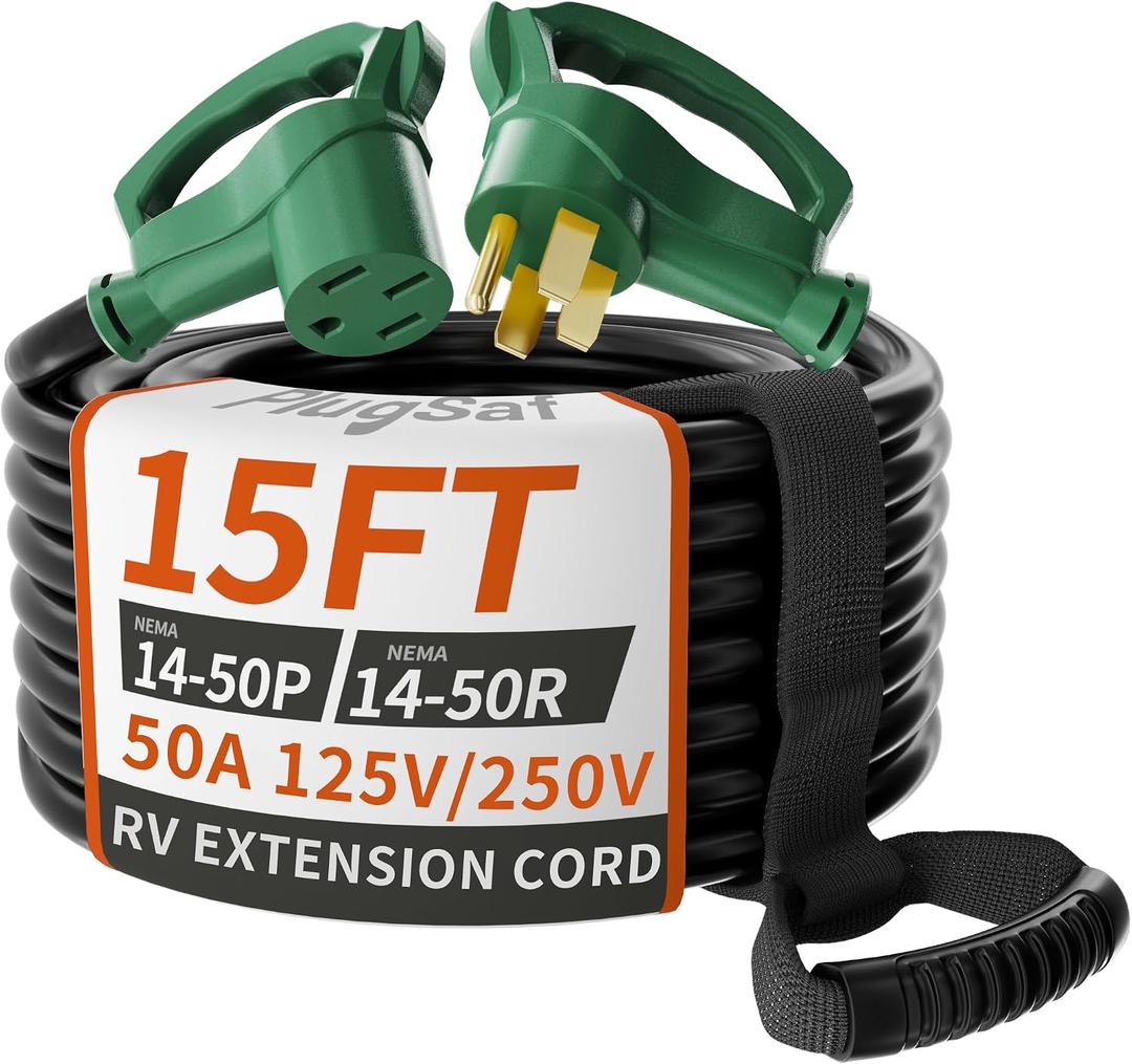 PlugSaf NEMA 14-50P/14-50R 15 FT 50 Amp RV/EV Extension Cord Outdoor with Grip Handle, 4 Prong Flexible Heavy Duty STW RV Power Cord Waterproof, 50A 125/250V 6250/12500W, Black-Green, ETL Listed