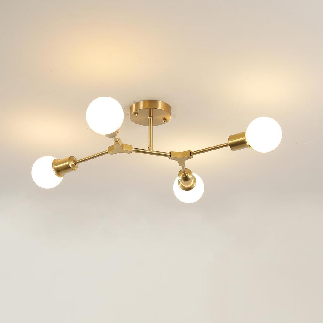Modern Semi Flush Mount Ceiling Light,Mid Century 4 Light Lighting Fixture for Dining Room Bedroom Kitchen Foyer Entryway Hallway Closet,Metal Gold Sputnik Chandelier