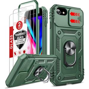 LeYi Compatible for iPhone SE 3rd/ 2nd Generation Case: 7/8/ SE 2022 2020 Phone Cover with Slide Camera Cover+ 2pcs Tempered Glass Screen Protector, Full Body Case with Kickstand for SE, Green