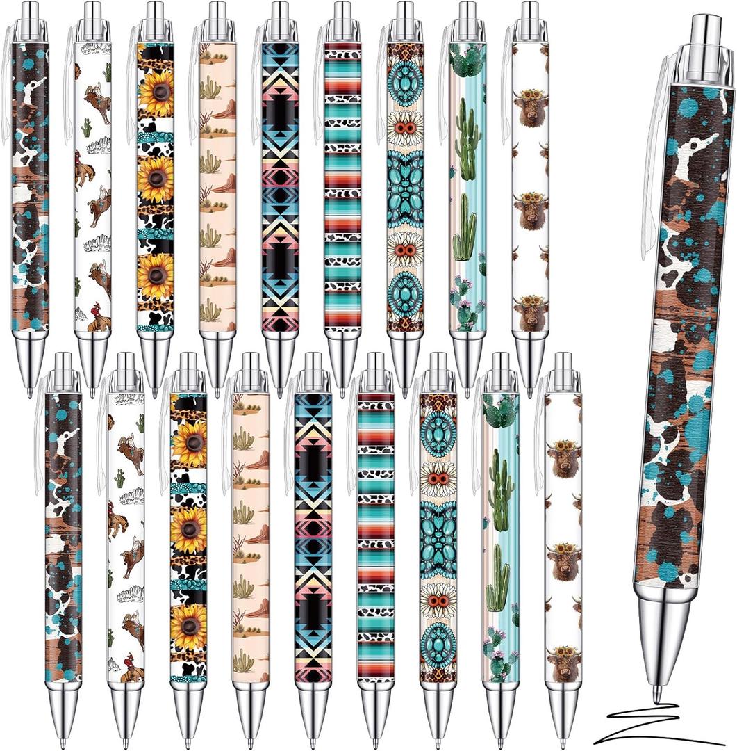Colarr 36 Pcs Western Theme Pens Bulk Print Western Cowboy Party Favors Black Retractable Gel Ballpoint Pens School Office Supplies for Birthday Graduation Gifts (Fresh Style)