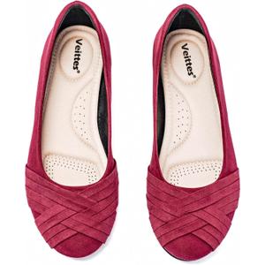 Veittes Women's Wide Width Flat Shoes, Dressy Round Toe Slip On Comfortable Casual Office Work Ballet Flats (7.5 Wide, Wine Red 2310-2109002)