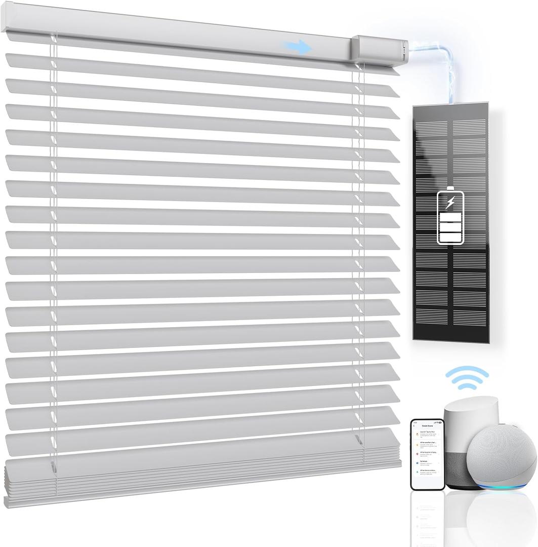 Motorized Blinds Smart Blinds with Remote Control Solar Powered Blinds Window Blinds Cordless Automatic Blinds Electric Blinds Windows Light Filtering Compatible with Google Alexa,White 36" Wx64 H