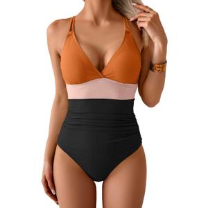 Women's One Piece Color Block Swimsuit Tummy Control Slimming Bathing Suit V Neck Cutout High Waisted Swimwear