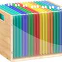 Clear Acrylic File Box Organizer, Bamboo Hanging Folder Storage Boxes, Filing Crate Bin Holder with Handle for Home Office Desk, Letter Size