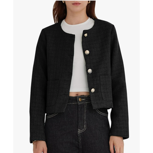 LifeShe Tweed Jacket Women Cropped Long Sleeve Work Blazers Fall Casual Open Front Office Coats S