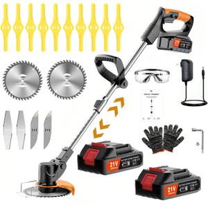 Weed Wacker Battery Operated 21V 2000mAh, 3-in-1 Weedeaters Cordless Brush Cutter Edger Lawn String Trimmer, with 4 Types Blades, 1 Charger1 Battery