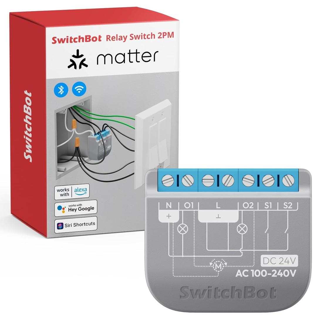SwitchBot Smart Relay Switch 2PM, Power Metering, Dual Light Control, Built-in Bluetooth Repeater, Wi-Fi&Bluetooth Switch Compatible w/Alexa/Apple Home/Google Home/Matter Hub Required, 2.4GHz