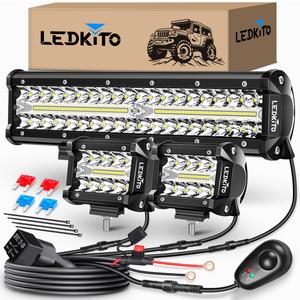 12 inch LED Light Bar And 2PCS 4 Inch LED Pods With Switch 3 Lead Off Road Wiring Harness Kit Triple Row Spot Flood Combo Light Bar Pods Kit for Off road UTV ATV Trucks Boat