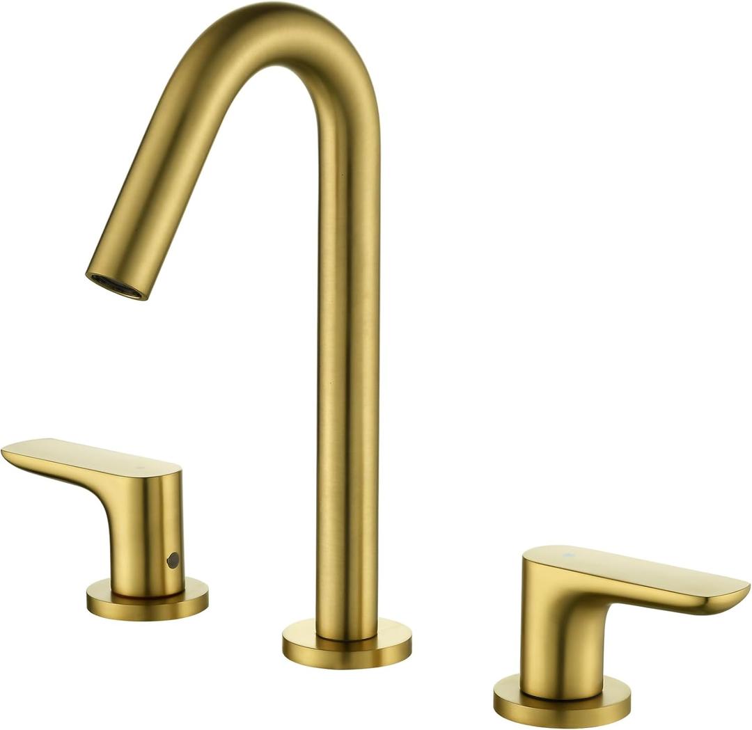 Evangeline 8 Inch Widespread Bathroom Sink Faucet 3 Hole Vanity Basin Mixer Tap Brushed Gold Deck Mount Lavatory Basin Faucet