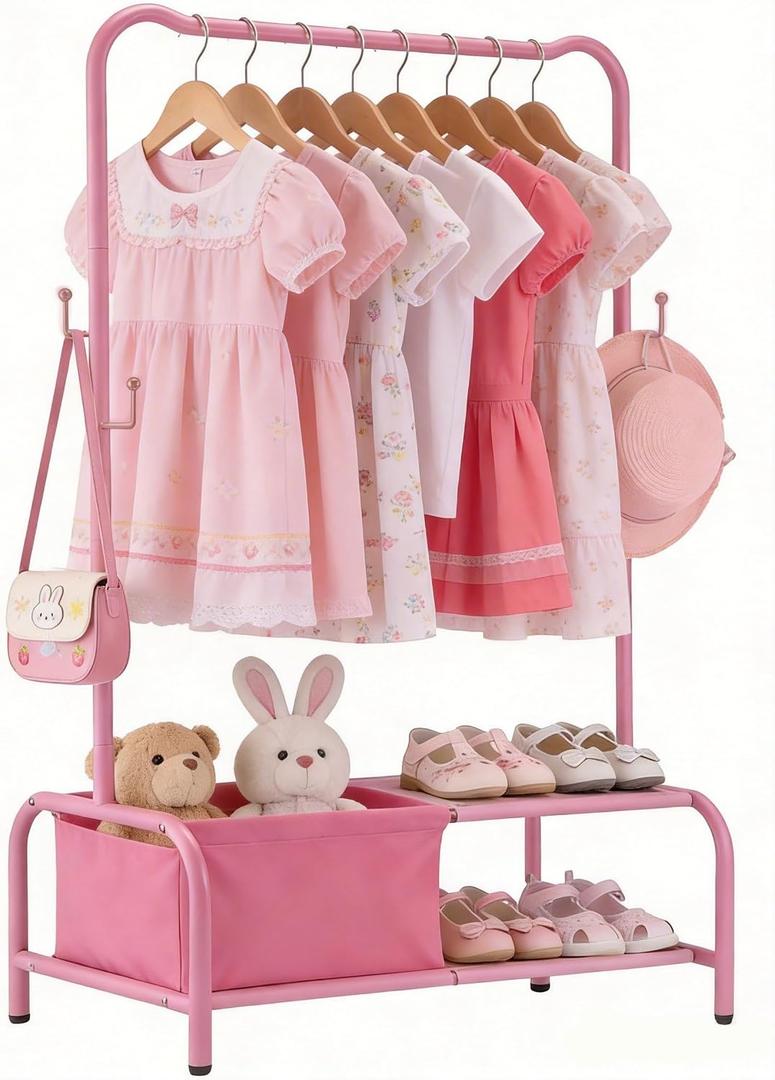 Kids Clothing Rack-Portable Kids Clothing Rack with Storage Shelf - Toddler Garment Organizer for Baby Clothes, Dance Costumes, Girls Gift Ideas (Pink)