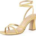 GRACESTRIDE Strappy Heels for Women Chunky Block High Heels Square Toe Ankle Buckle Sandals wedding dress shoes Size 9.5