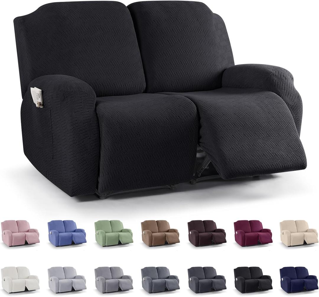KinCam Recliner Covers, Stretch Reclining Chair Covers, Recliner Sofa Slipcovers Stripe Jacquard Recliner Couch Covers Furniture Protector Covers for Pet Kid (2 Seater, Black)