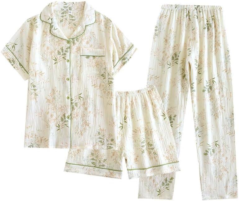 codcm Womens 3pcs Cotton Pajamas Set Short Sleeve Sleepwear Fruit Print Cute Pj Set with Long Pants (S)