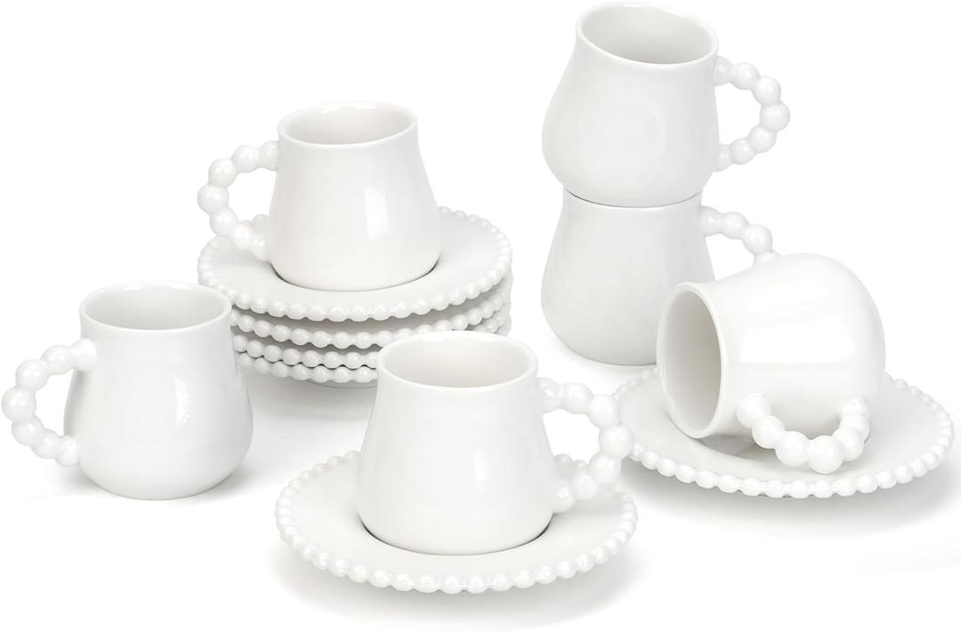 Hebaogugu Coffee Cup Set of 6 with Saucers, 3.5 OZ Ceramic Espresso Cups, Elegant Deco Turkish Coffee Cup Gift for Cappuccino, Latte, Cafe Mocha and Tea, Dishwasher & Microwave Safe (Pearl White)