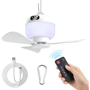 Camping Fan with Light & Remote, Portable Ceiling Fan Wireless Rechargeable Tent Fan with 4 Speeds,3 Light Modes,Timer, Battery Powered Fan for Tents, Canopy, Beach, RV, Car, Camper & Outdoor