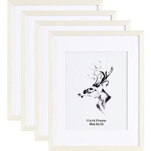 Yaetm 11x14 White Picture Frame with Mat for 8x10 Set of 4, Solid Wood Photo Frames 11 x 14 with Tempered Glass for Wall Gallery, Home and Office, Wall Mounting (4 pack, White)