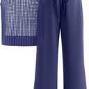 ANRABESS Women 2 Piece Summer Outfits 2025 Crochet Sweater Vest Wide Leg Pants Lounge Matching Sets Travel Vacation Clothes (Large, Navy Blue)