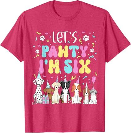 Kids Lets Pawty I'm Six Pet Puppy Dog Theme Birthday Party T-Shirt, Small