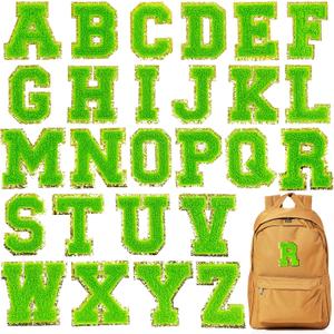 Jongdari Letter Patches Varsity Chenille Iron on Letters Patchs for Clothing English Letter A-Z with Gold Glitters Border, 26pcs Green