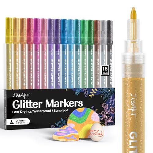 JusArt 16 Colors Glitter Markers, Glitter Paint Pens Sparkly and Shiny for DIY Card Making, Coloring, Scrapbooking, Glass, Wood, Stone, Fabric, Rock - 0.7mm Extra Fine Acrylic Paint Markers