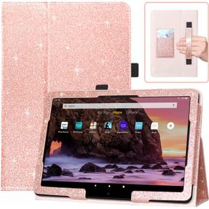 DMLuna Case for All-New Amazon Fire HD 10 & 10 Plus Tablet (13th / 11th Generation, 2023/2021 Release) 10.1", Slim Cover with Folding Stand, Auto Wake/Sleep, Hand Strap, Card Slot - Glitter Rose