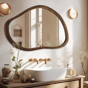 Irregular Wall Mirror, 35" x 24" Wood Frame Asymmetrical Mirror, Rustic Decorative Mirror for Living Room Bathroom Bedroom Entryway, Wall Mounted Mirror, Walnut