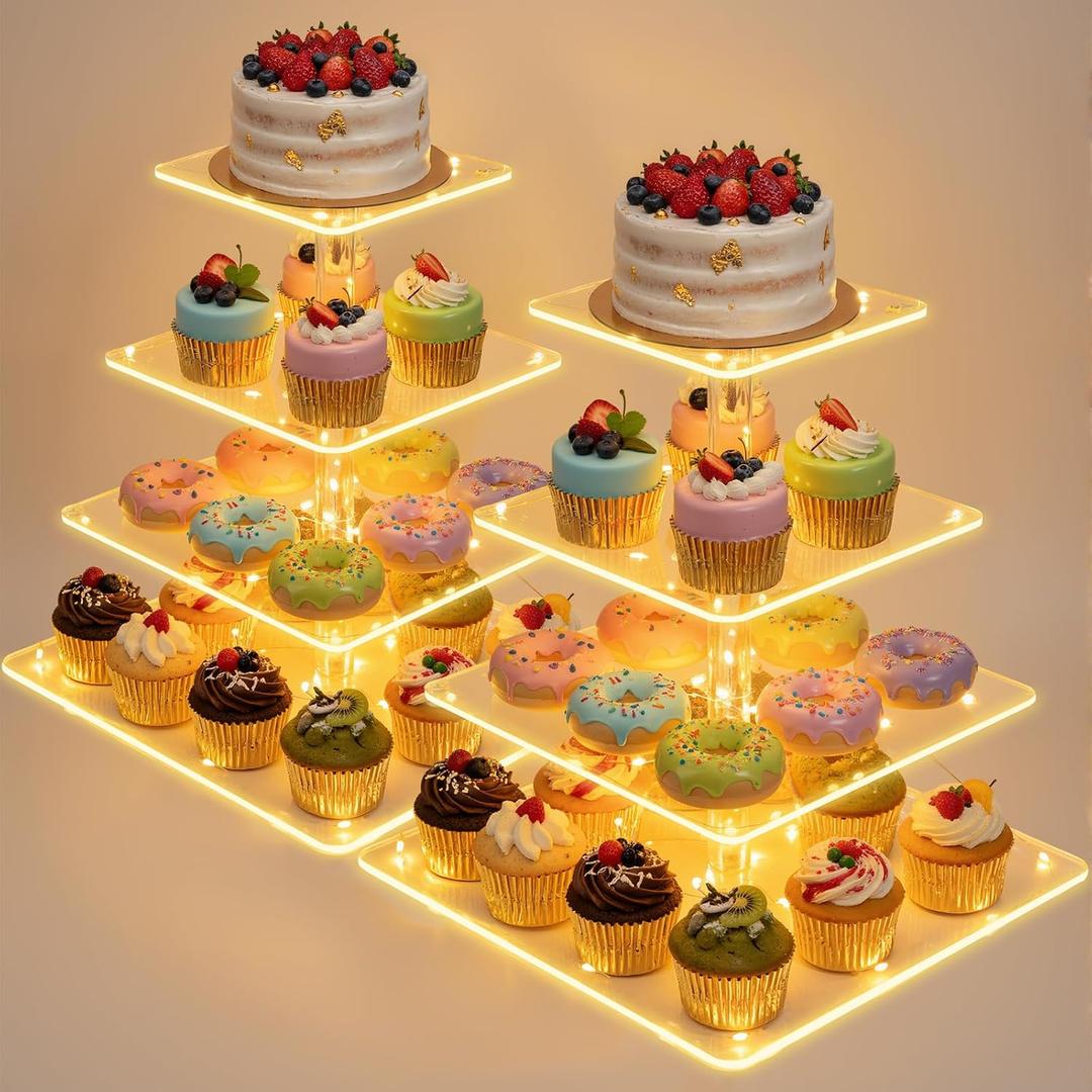 2 Pack 4 Tier Cupcake Stand with LED String Light Acrylic Cupcake Display Stand Clear Dessert Display Holder for Birthday, Wedding, Baby Shower, Party