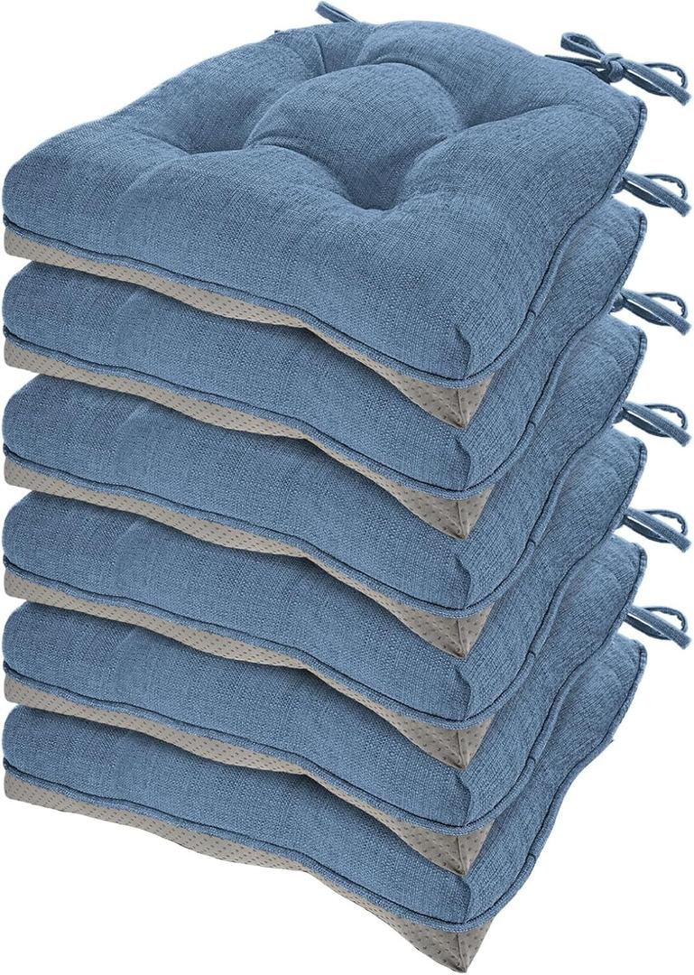 HARBOREST Chair Cushions for Dining Chairs Set of 6 - Chenille Tufted Kitchen Chair Cushions with Ties and Non-Slip Bottom, Foam Chair Pads for Dining Chairs, 17" x 17", Blue