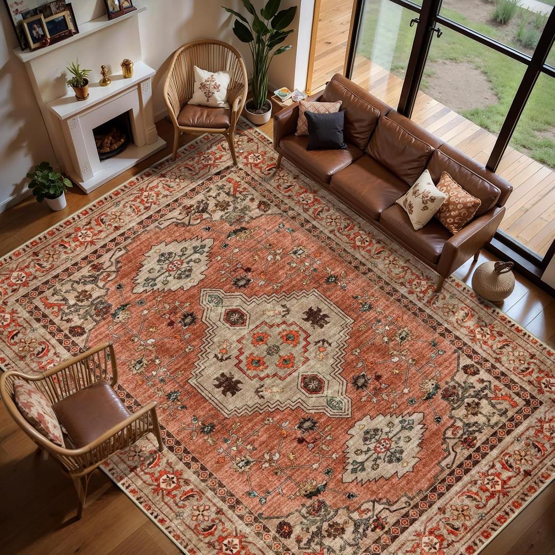 Tangsoo Boho 9x12 Area Rug for Living Room, Washable Vintage Rug Indoor Non Slip Large Area Rugs, Print Oriental Carpet Soft Low Pile Foldable Floor Room Rug for Bedroom Dining Room Terracotta